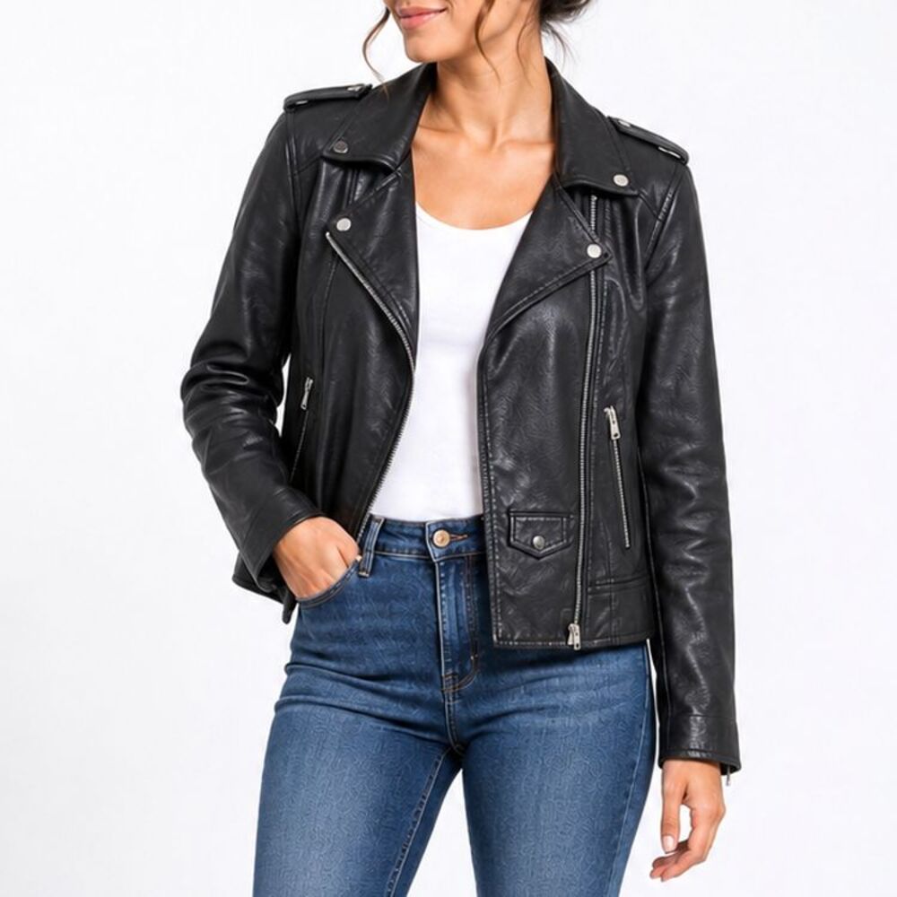 LY VAREY LIN Womens Black Faux Leather Moto Jacket Biker Zip Snap Coat Sz S NWT